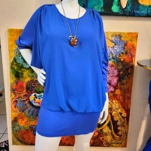 Blue  Dress summer knitted , with silk drapery. , size 2xl ,